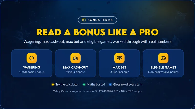 Bonus terms explained for Australia: wagering, cash-out cap and max bet on Yabby Casino offers