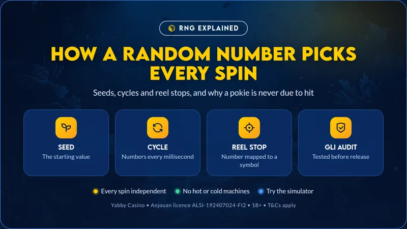 Random number generator feeding numbers into three pokie reels